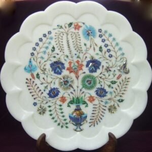 White Marble Plate with Taj Mahal Inlay Art