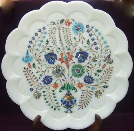 White Marble Plate with Taj Mahal Inlay Art