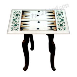 Vintage Backgammon Board in White Marble Inlaid with Semi Precious Stone