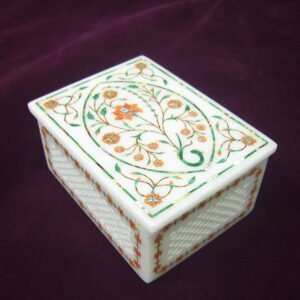 Marble Keepsake Jewelry Gift Box in White Marble Inlay Art with Red Coral
