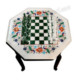 Marble Chess Board with Inlay Design | Handmade Chess Table with Chess Pieces