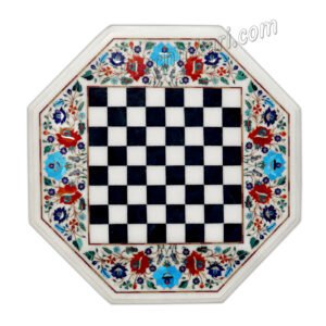 White Marble Inlay Chess Board with Chess Pieces with Wooden Stand