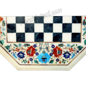 White Marble Inlay Chess Board with Chess Pieces with Wooden Stand