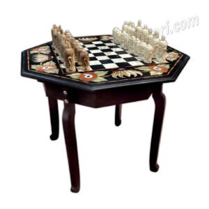 Black Marble Chess Table with Buddha Face Chess Set in Camel Bone