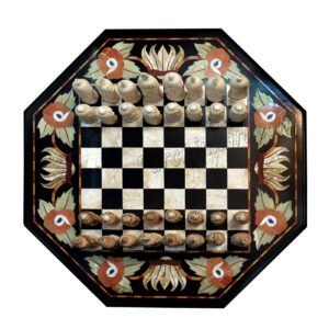 Black Marble Chess Table with Buddha Face Chess Set in Camel Bone