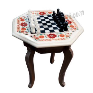 Handcrafted Chess Set Table Top with Wooden Stand in Inlay Art