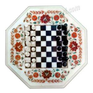Handcrafted Chess Set Table Top with Wooden Stand in Inlay Art