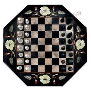 Chess Table in Black Marble with Chess Pieces in Italian Design