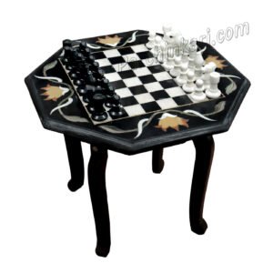 Black Marble Chess Board Table Top with Flower Art