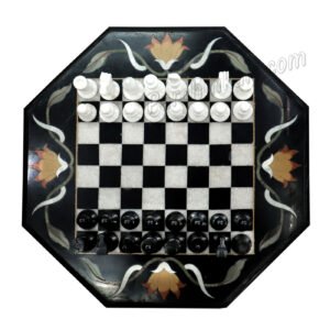 Black Marble Chess Board Table Top with Flower Art