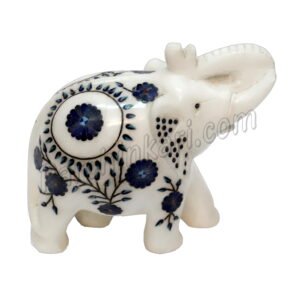 Trunk up Elephant in white Marble Inlay Art