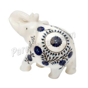 Trunk up Elephant in white Marble Inlay Art