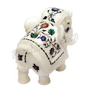 White Marble Inlaid Elephant Figure with Flower Art