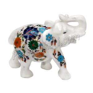 White Marble Inlaid Elephant Figure with Flower Art