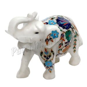 White Marble Inlaid Elephant Figure with Flower Art