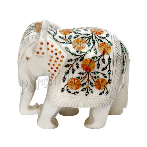 Elephant Figure in White Marble with Orange Carnelian