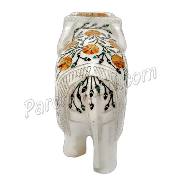 Elephant Figure in White Marble with Orange Carnelian