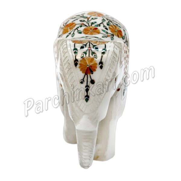 Elephant Figure in White Marble with Orange Carnelian