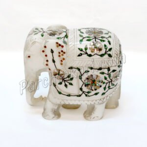 Abalone Design Elephant Figure in White Marble