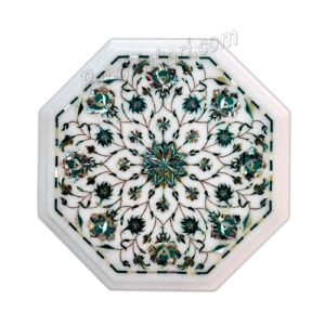 White Indian Marble Table Top with Flower Inlay Art