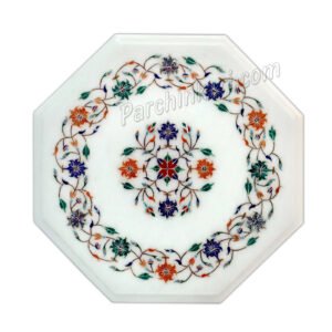 Indian Style Coffee Table Top in White Marble Inlay Art