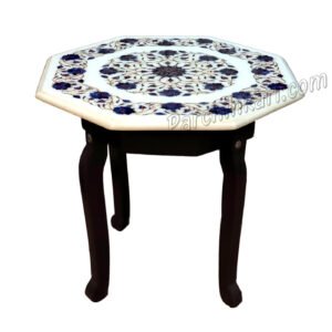 White Color Coffee Table Top in Marble with Lapiz Lazuli