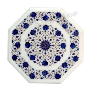 White Color Coffee Table Top in Marble with Lapiz Lazuli