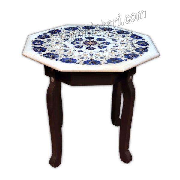 Blue LapisLazuli Coffee Table in White Marble Octangular Shape