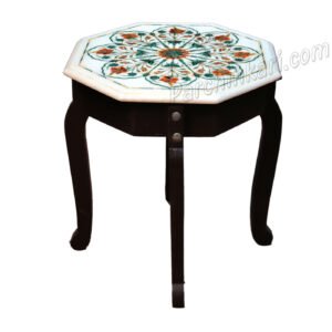 Side Bed Table Top in White Marble Inlay Art with wooden Stand