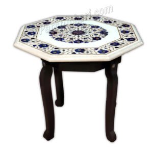 Blue Design Coffee Table in White Marble Inlaid Art