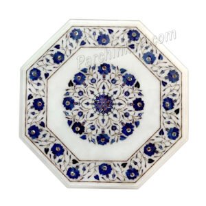 Blue Design Coffee Table in White Marble Inlaid Art