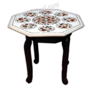 Octagonal Coffee Table in White Marble with Wooden Stand