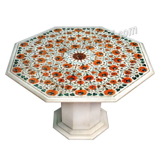 White Marble Coffee Table with Carnelian Design