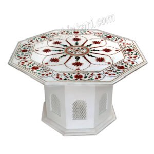 Taj Mahal Design Coffee Table Top in White Marble Inlay Art