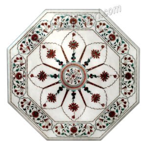 Taj Mahal Design Coffee Table Top in White Marble Inlay Art