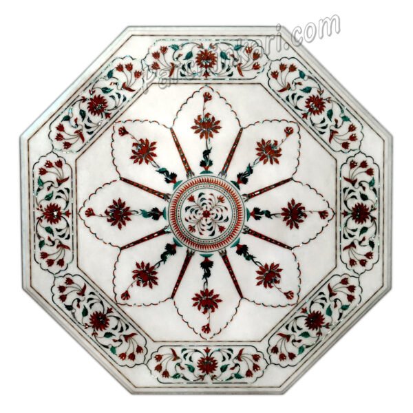 Taj Mahal Design Table Top in White Marble Inlay Art