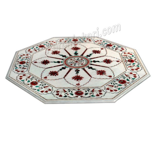 Taj Mahal Design Table Top in White Marble Inlay Art
