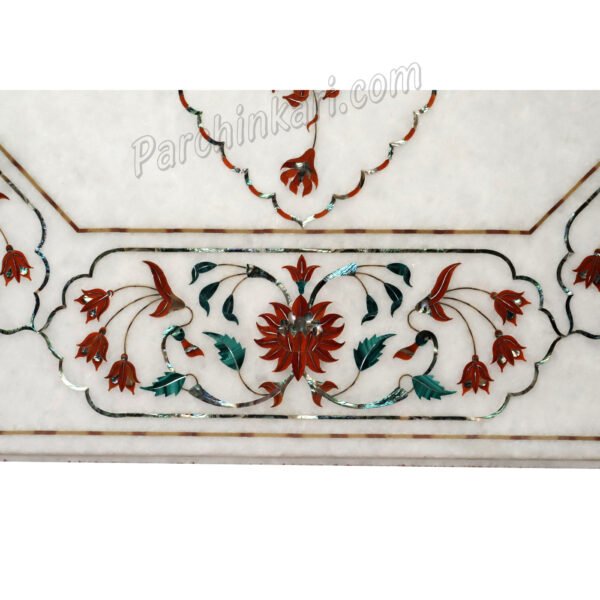 Taj Mahal Design Table Top in White Marble Inlay Art