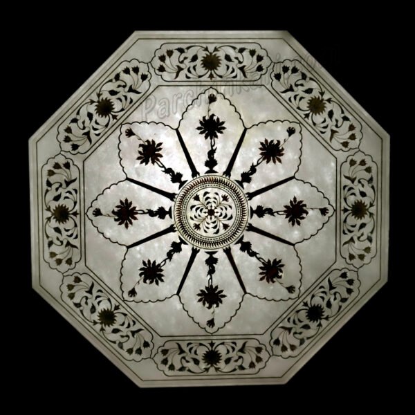 Taj Mahal Design Table Top in White Marble Inlay Art