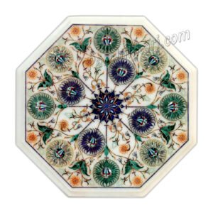 Intricate Coffee Table in White Marble Inlay Art