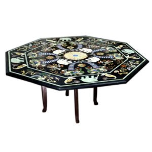 Black Marble Dinning Table Top with Elephant and Bird Design