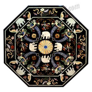 Black Marble Dinning Table Top with Elephant and Bird Design