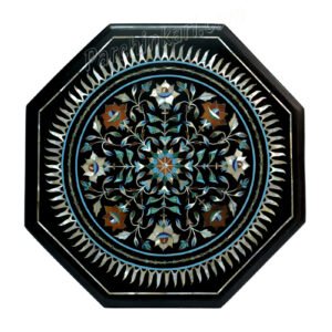 Black Marble Inlay Art Table Top | MOP Table Top with Rose Design