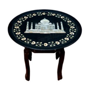 Black Marble Inlay Art Platter | MOP Taj Design Platter with Moon Flower Design