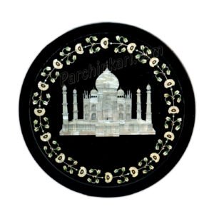 Black Marble Inlay Art Platter | MOP Taj Design Platter with Moon Flower Design