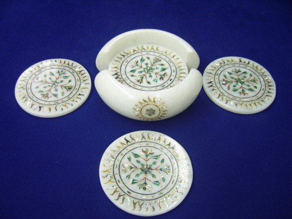 Coasters Set in White Marble with Taj Mahal Inlay Design
