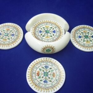 Coasters Set in White Marble with Taj Mahal Inlay Design