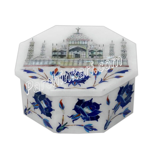 Taj Mahal Design Box for Gifts in White Marble Inlay Art