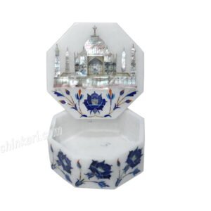 Taj Mahal Design Box for Gifts in White Marble Inlay Art