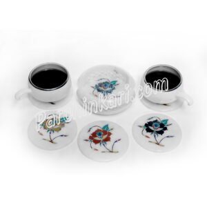 Tea Coasters Set in White Marble Inlay Art